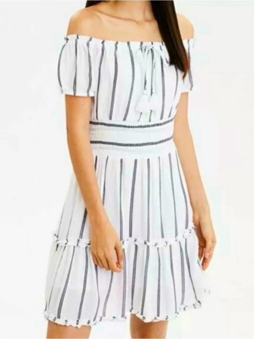 AMERICAN EAGLE smocked waist dress in white/blue stripes Size XL
